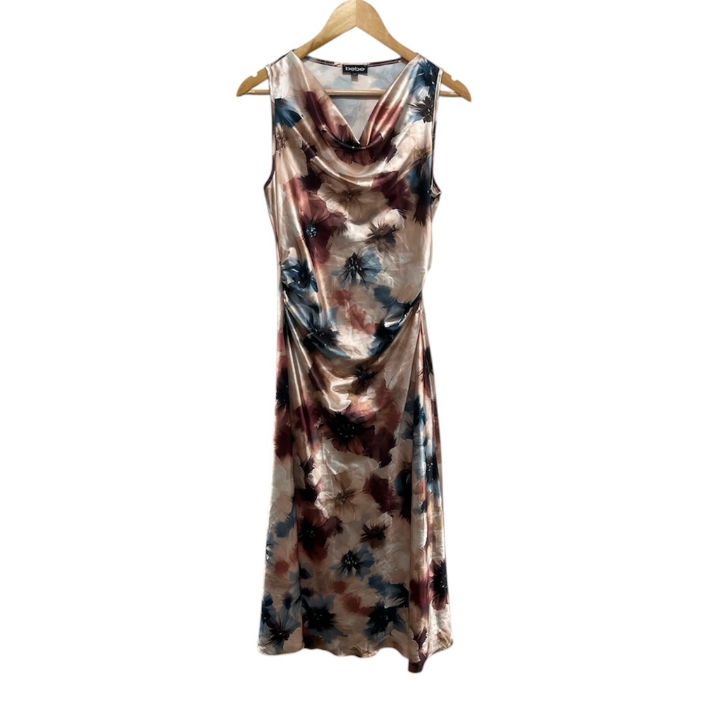 BEBE Floral Watercolor Satin Cowl Midi Dress Size Small